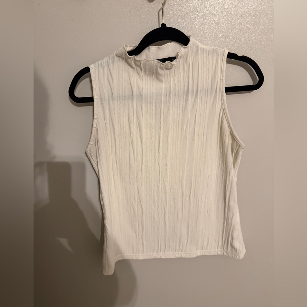 Crepe Sleeveless Cream Tank Top with High Neck